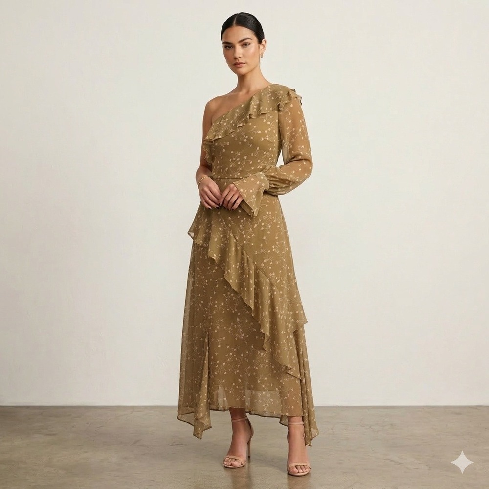 Rahi Cali One Shoulder Floral Ruffle Maxi Dress Women Small Tan Wedding Feminine